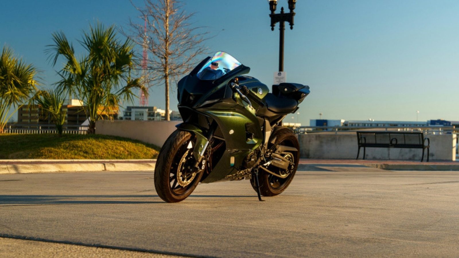 A dark green sport motorcycle stands parked on a concrete plaza beside palm trees and a park bench.