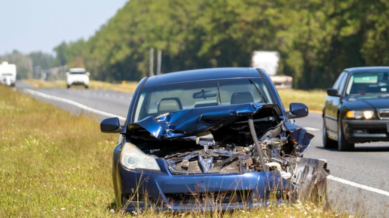 A wrecked blue sedan with a crushed front end sits in the grass beside a highway lined with tall pines.