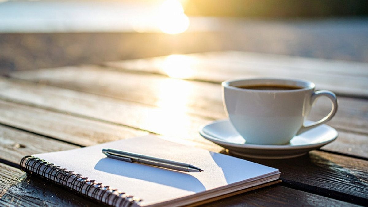 Left turn motorcycle accident lawyers in Summerville can start with notes like these, a notebook and coffee on a deck at sunrise