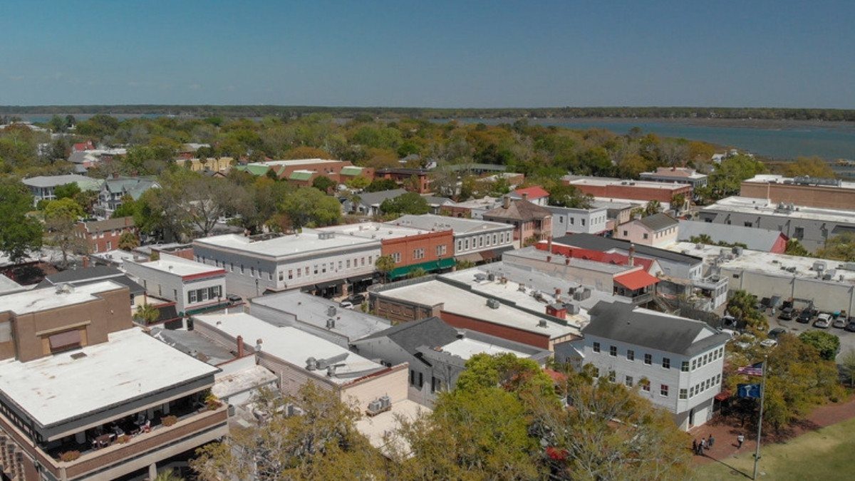 An aerial view shows downtown Beaufort and the river beyond, a town personal injury attorneys in Beaufort County serve