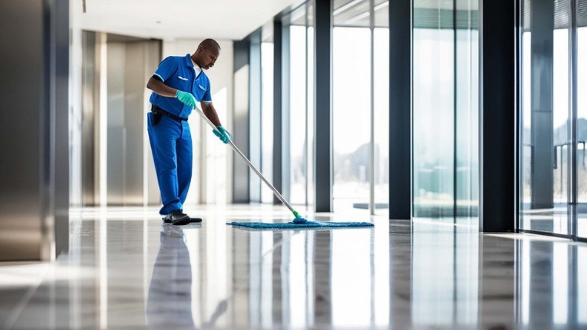 A worker in a blue uniform mops a glossy hallway floor while the wet surface stays open to people walking through